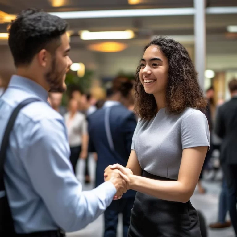 A business networking event scene where a student or young professional is shaking hands with an industry mentor with other professionals mingling in