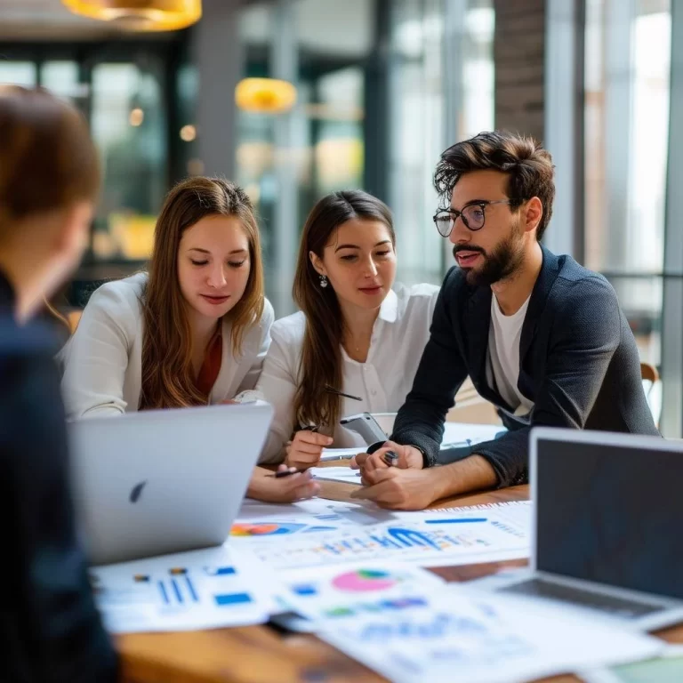 A dynamic group setting of young professionals or students collaborating around a table, engaged in discussion with laptops, business plans, and chart